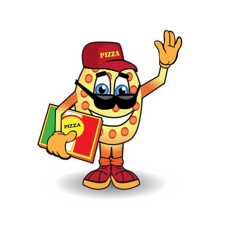 Illustration of pizza man with a box of pizza in handのイラスト素材