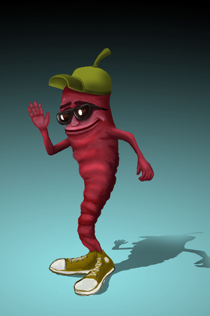 Cheerful character. Funny chili pepperin sneakers and sunglassesの写真素材