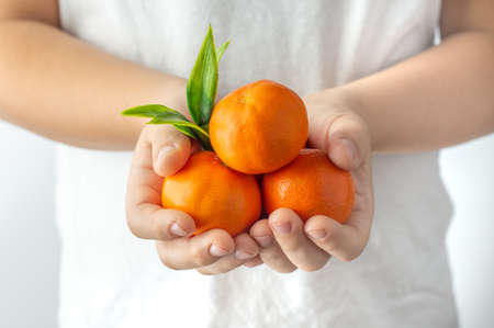 Blurred image of a tangerine in the hands of a child on a light background.の写真素材