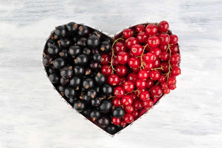 Black-red heart from black and red currants on a light background. fruit background.の写真素材