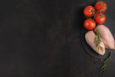 On a dark background with space for writing the text raw chicken breast, herbs, tomatoes and seasonings.の写真素材