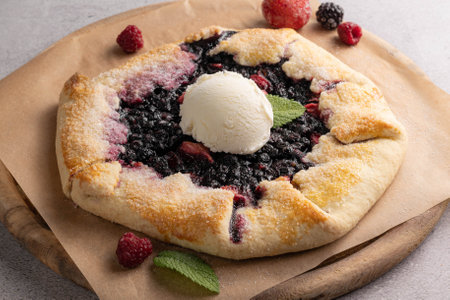 Berry galette with a scoop of vanilla ice cream. Summer baking concept.の写真素材