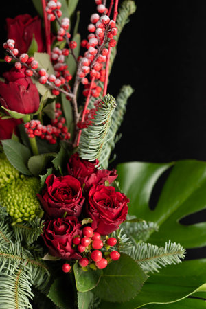 Bouquet of red roses, chrysanthemums and greenery. floral card.の写真素材
