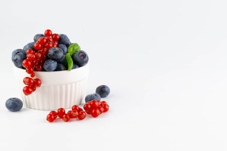 Blueberries and red currants in a white plate on a light background.Summer background.の写真素材