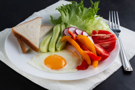 On a white plate there is an egg, slices of pepper, tomatoes, cucumbers, radishes and a leaf of green salad with a fork on the side on a dark table..Healthy eating concept.の写真素材