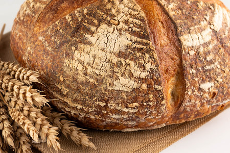 Rye bread on parchment and a bunch of spikelets.Healthy farm baking concept.の写真素材