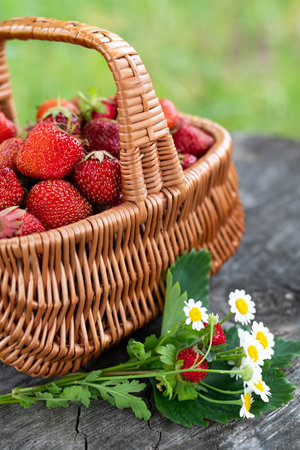 Basket with strawberries, bouquet of flowers on a natural background. Summer background.の写真素材