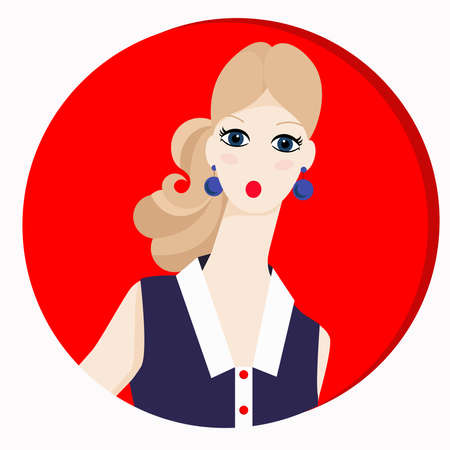 Surprised face of a girl. Retro style. Portrait of a girl on a red background.のイラスト素材