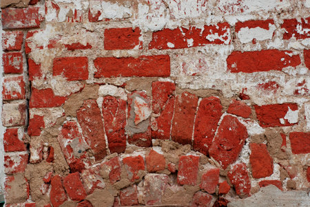 Empty old brick wall texture. Painted problematic surfaces. Gorgeous wide brick. Grunge Red Stone...