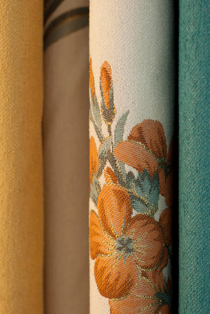 Texture, background, pattern. Brown tapestry fabric with a floral pattern.の写真素材