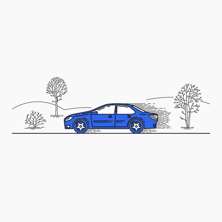 Car driving on road, line art with landscape. Vector illustration EPS 10のイラスト素材
