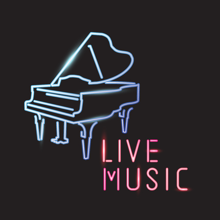 Live music sign with piano icon, neon design. Vector illustrationのイラスト素材