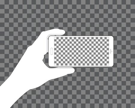 Hand holding phone, transparent background for your design. Horizontal position. Blank touch screen...