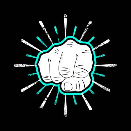 Clenched fist, grunge design with sun burst. Vector illustration on black backgroundのイラスト素材