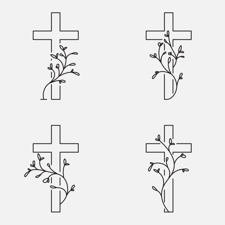 Cross collection, funeral design with flowers. Line art, editable strokes.のイラスト素材
