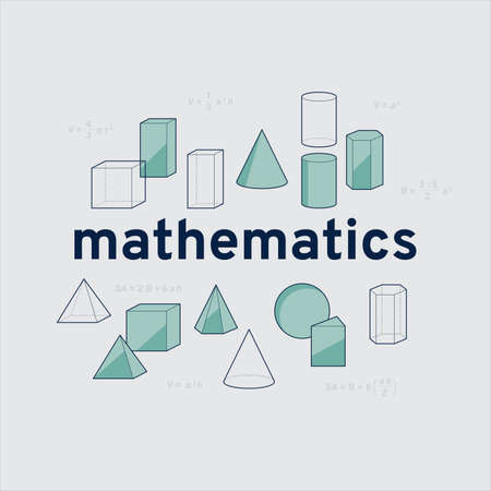 Mathematics banner with geometry solids. Header with sphere, cube, cone, prism. Trendy colored vector illustrationのイラスト素材