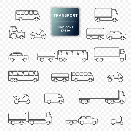 Transport icon, car, truck, bus, motorcycle, trailer. Vehicles. Line design, editable strokes. Vector illustration EPS 10, isolated on transparent backgroundのイラスト素材