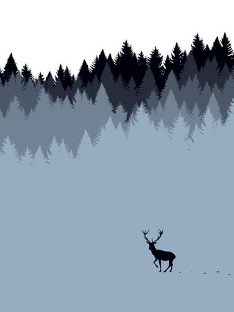 Deer poster. Winter vintage retro print with silhouette of forest and stag. Vector illustrationのイラスト素材