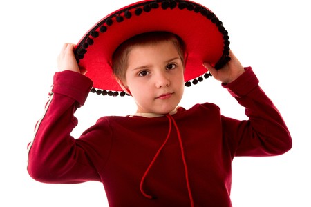 Child in mexican hat on white backgroundの写真素材