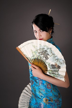 young beauty japanese woman in blue dressの写真素材