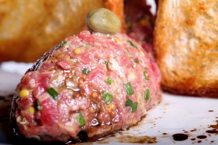 meat and toasts isolated on the whiteの写真素材