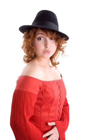 beauty girl in red blouse isolated on whiteの写真素材