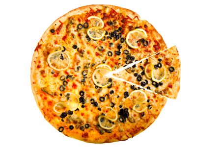 fresh pizza isolated on the white backgroundの写真素材