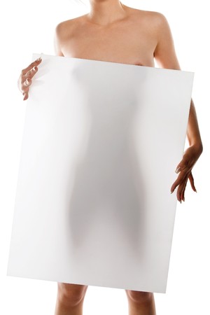 young beauty woman holding white banner の写真素材