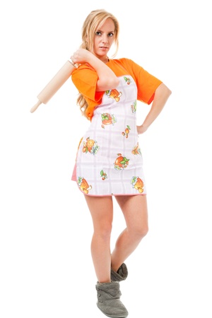 housewife with a rolling pin on white background の写真素材