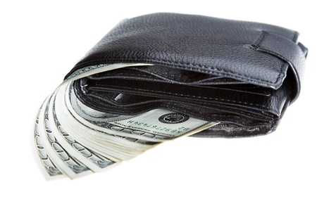 Black leather wallet with dollars white isolated 