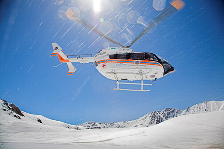 DZUNGARIA, KAZAKHSTAN - May 2014. Rescue helicopter in the mountainsのeditorial素材