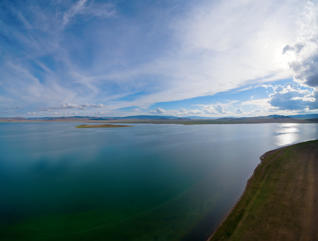 Aerial view panorama of Mongolian lake Telmen-Nuurの写真素材