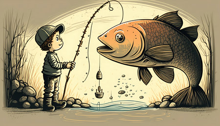 Little boy fisher and big fish. AI-generated image, Stylized illustration.の素材