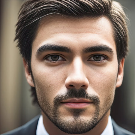 A close-up portrait of a young adult businessman with serious expression and facial hair, looking directly at the camera. Ai-generated imageの素材