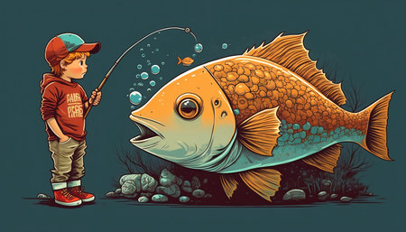 Little boy fisher and big fish. AI-generated image, Stylized illustration.の素材