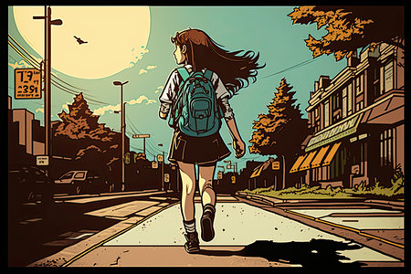 A cheerful young girl, holding their backpacks, walk down the street on their way to school for a day of learning. Ai-generated imageの素材