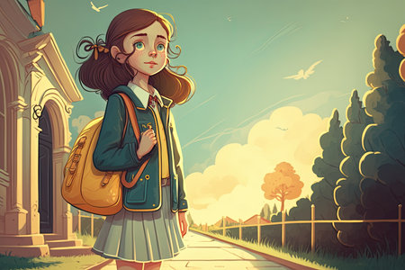A cheerful young girl, holding their backpacks, walk down the street on their way to school for a day of learning. Ai-generated imageの素材