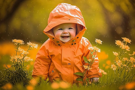 A cheerful and innocent toddler in colorful spring clothing enjoying the sun while playing with a flower, radiating happiness. AI-generatedの素材