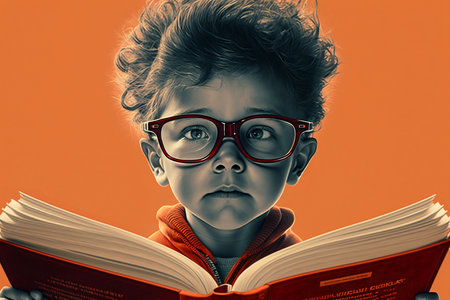 Ai-generated image of child wearing eyeglasses holds a book, concept of the great intellectual burden on children of childhood education and intelligence through learning and reading.の素材