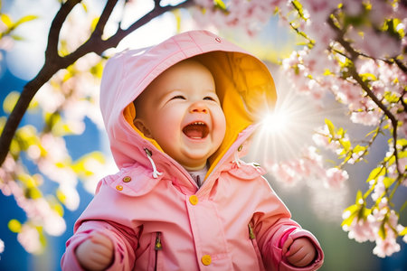 A cheerful and innocent toddler in colorful spring clothing enjoying the sun while playing with a flower, radiating happiness. AI-generatedの素材