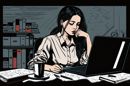 A young, modern businesswoman sitting at her home office desk while working on a laptop and communicating online. She appears busy yet creative and professional with her freelance job. Ai-generated imageの素材