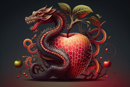 Illustration of Eve being tempted by a cute and dangerous snake in the Garden of Eden, symbolizing sin and religious temptation. Ai-generated imageの素材