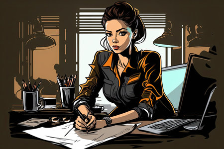 A young, modern businesswoman sitting at her home office desk while working on a laptop and communicating online. She appears busy yet creative and professional with her freelance job. Ai-generated imageの素材