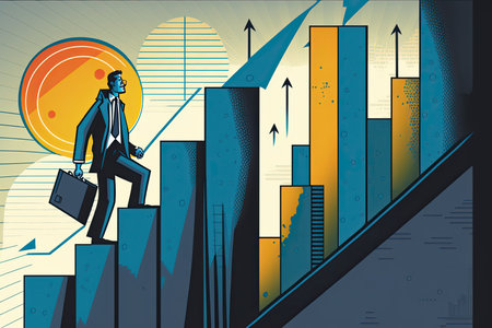 A businessman walks through a financial progress chart showing success in corporate achieving goals and growth through investment.の素材