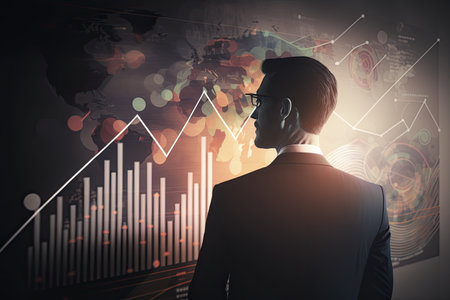 A professional man in suits analyze a financial report and chart to find solutions for increasing company progress and success.Ai-generated imageの素材