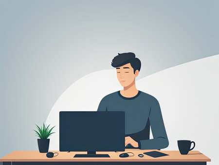 A designer is using cutting-edge computer technology to communicate through the internet. Ai-generated imageの素材