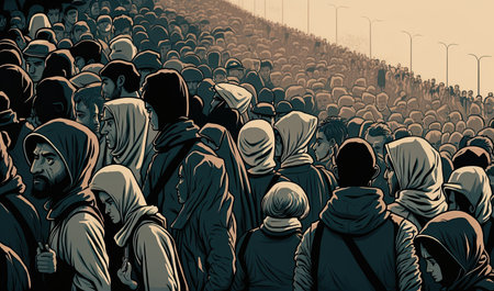 A massive group of people, comprised of migrants and refugees, going together tight crowd to horizon. Ai-generated imageの素材