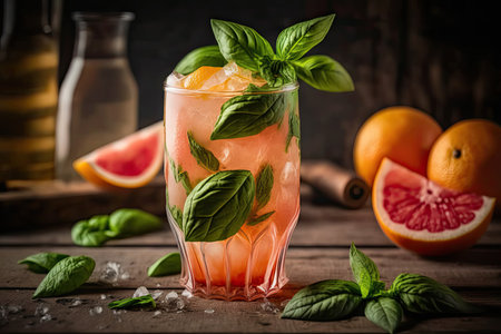 A vibrant shot of fresh citrus juice fruits surrounded by a mint leaf, highlighting the importance of healthy eating and wellbeing. AI generated imageの素材
