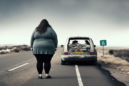 Overweight woman standing with her back to the camera on the side of an empty road looking at her broken car Ai-generated imageの素材
