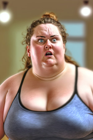 A woman exercises indoors, her face full of anger and determination as she works to overcome her obesity.の素材